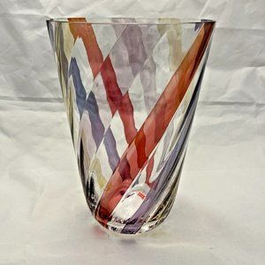 Bohemian Rainbow Swirl Art Glass Vase Czech Clear Multicolor MCM Decor